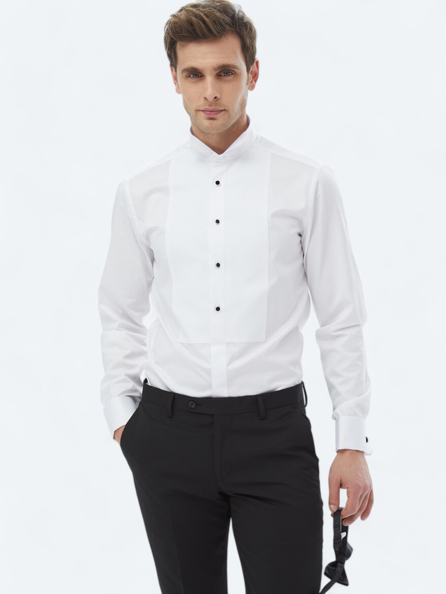 White Plain Slim Fit Double Cuff Wing Collar Tuxedo Shirts - 1
