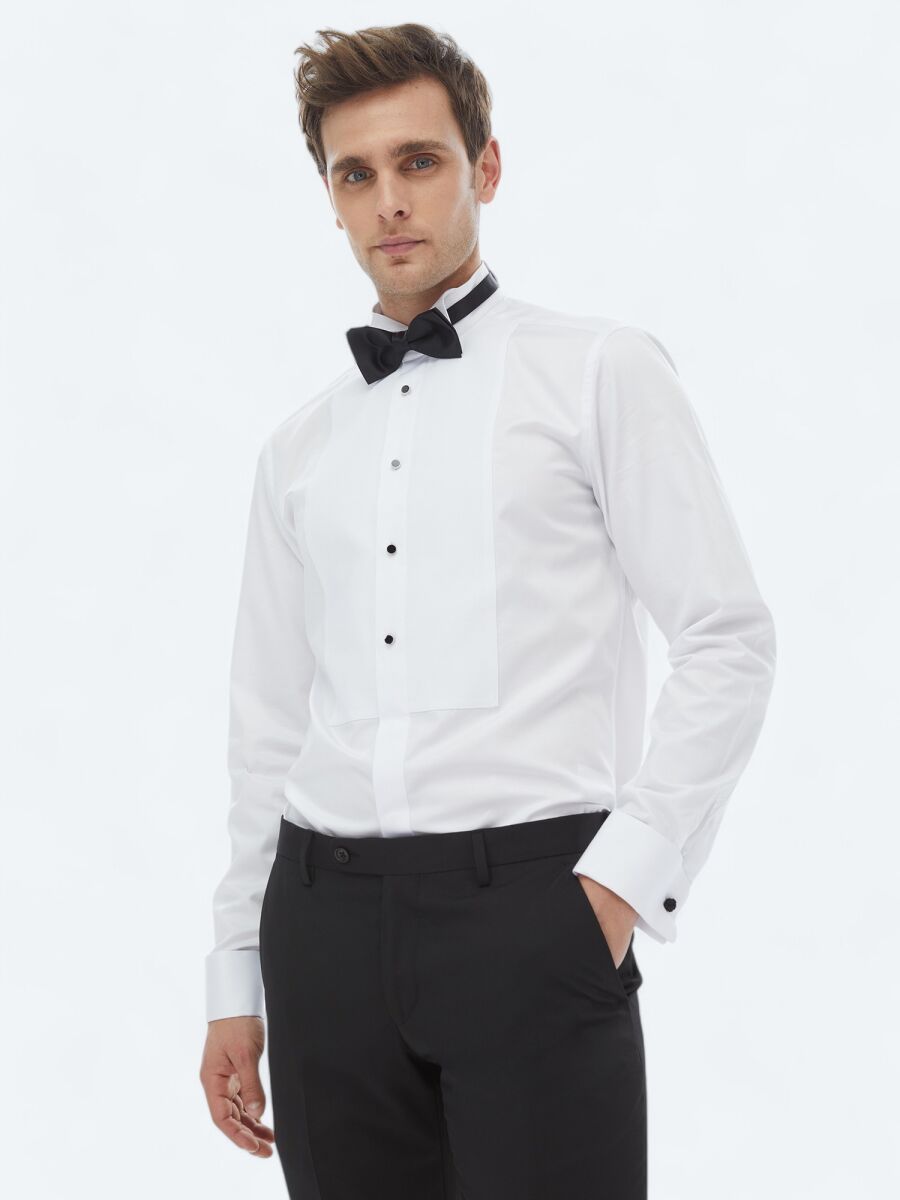 White Plain Slim Fit Double Cuff Wing Collar Tuxedo Shirts - 3