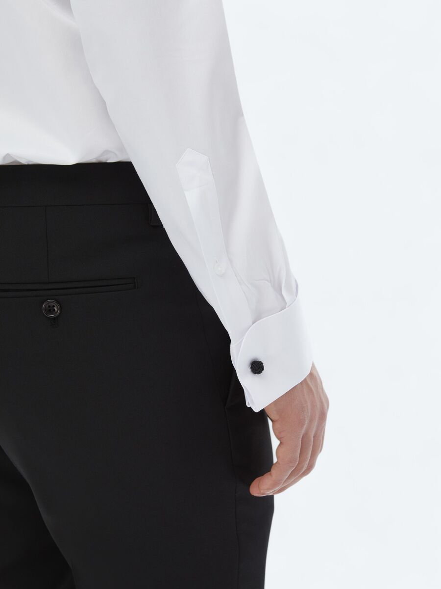 White Plain Slim Fit Double Cuff Wing Collar Tuxedo Shirts - 6