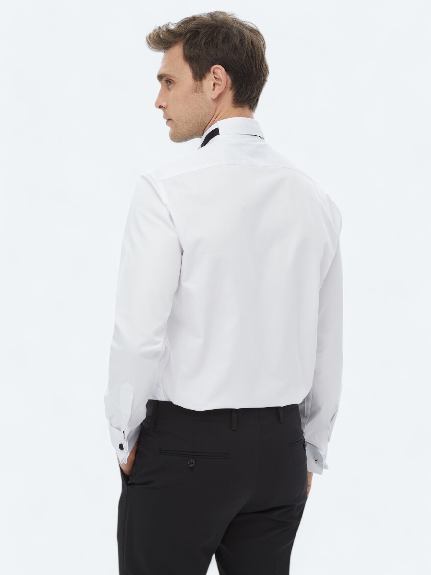 White Plain Slim Fit Double Cuff Wing Collar Tuxedo Shirts - 7