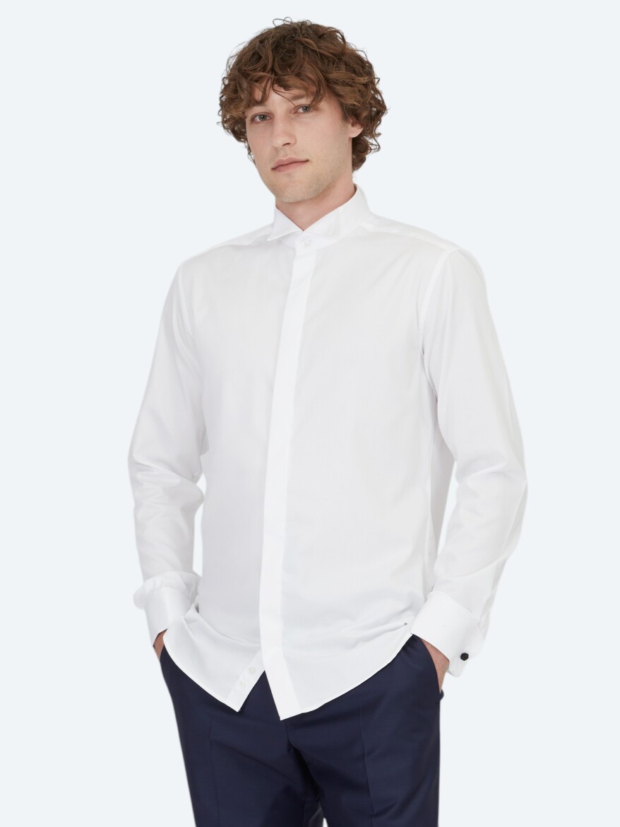 White Plain Slim Fit Double Cuff Wing Collar Tuxedo Shirts - 4