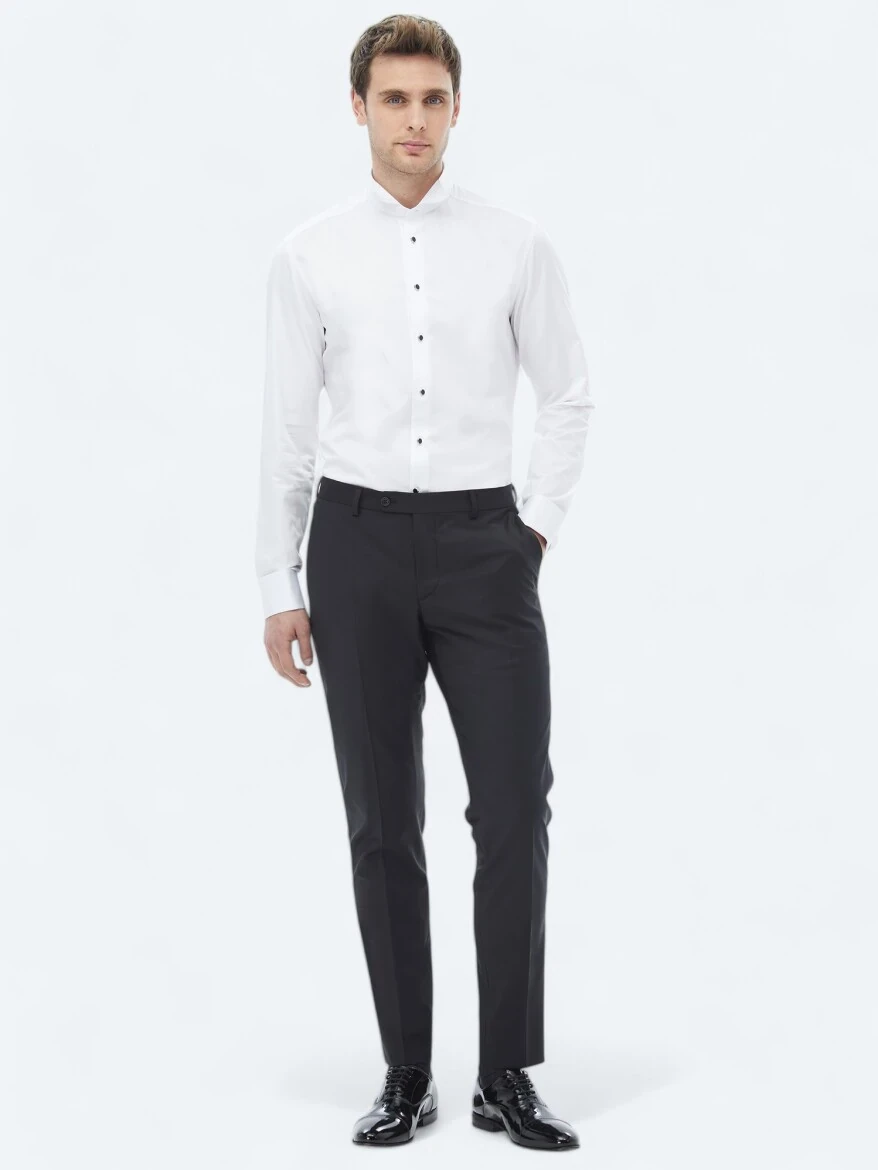 White Plain Slim Fit Double Cuff Wing Collar Tuxedo Shirts - 1