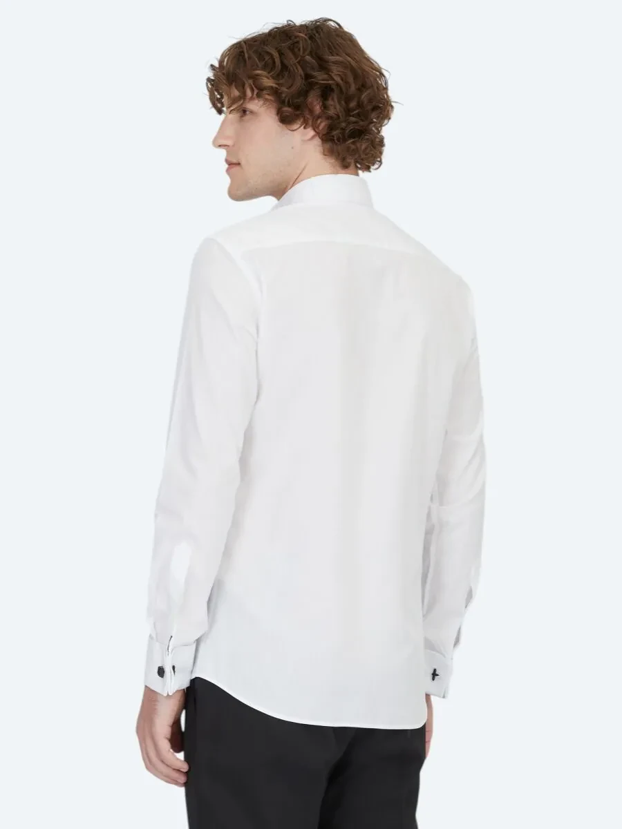 White Plain Slim Fit Double Cuff Wing Collar Tuxedo Shirts - 5
