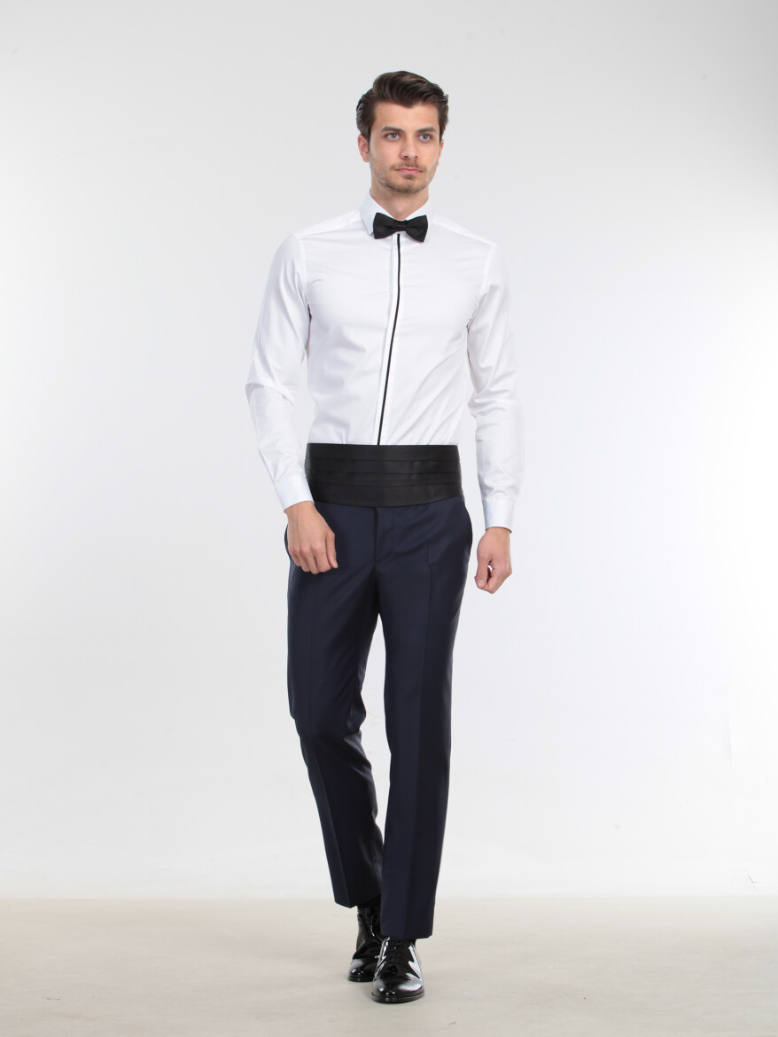 White Plain Slim Fit Flat Cuff Classic Collar Tuxedo Shirts - 3