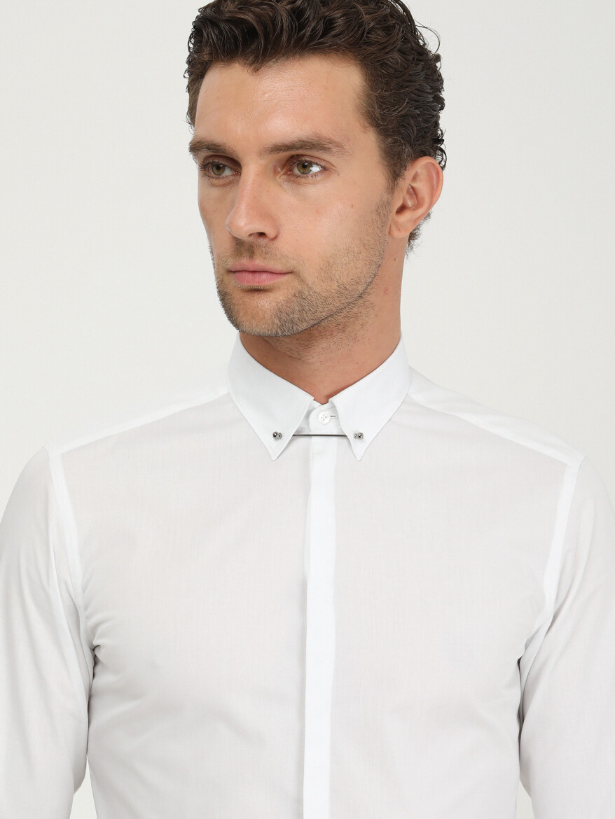 White Plain Slim Fit Flat Cuff Classic Collar Tuxedo Shirts - 2