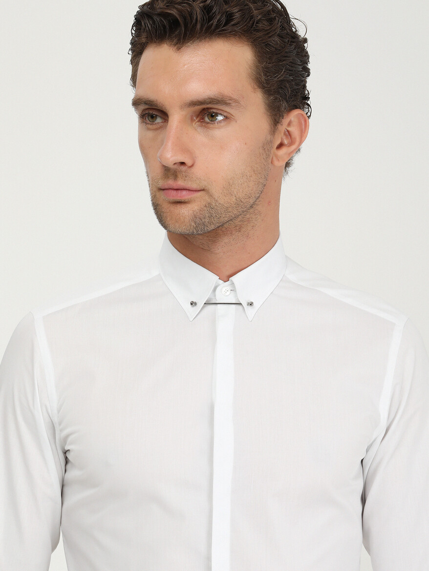 White Plain Slim Fit Flat Cuff Classic Collar Tuxedo Shirts - 3