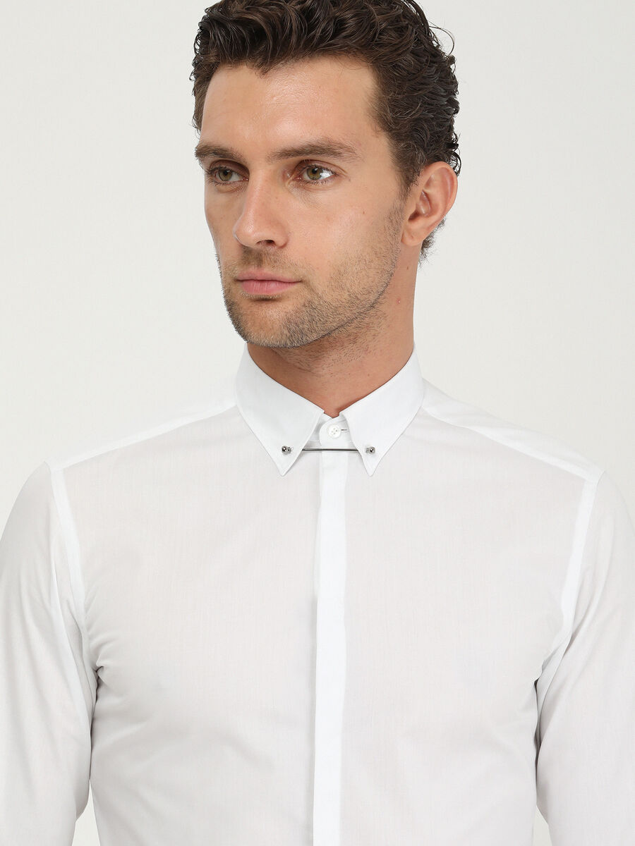 White Plain Slim Fit Flat Cuff Classic Collar Tuxedo Shirts - 3