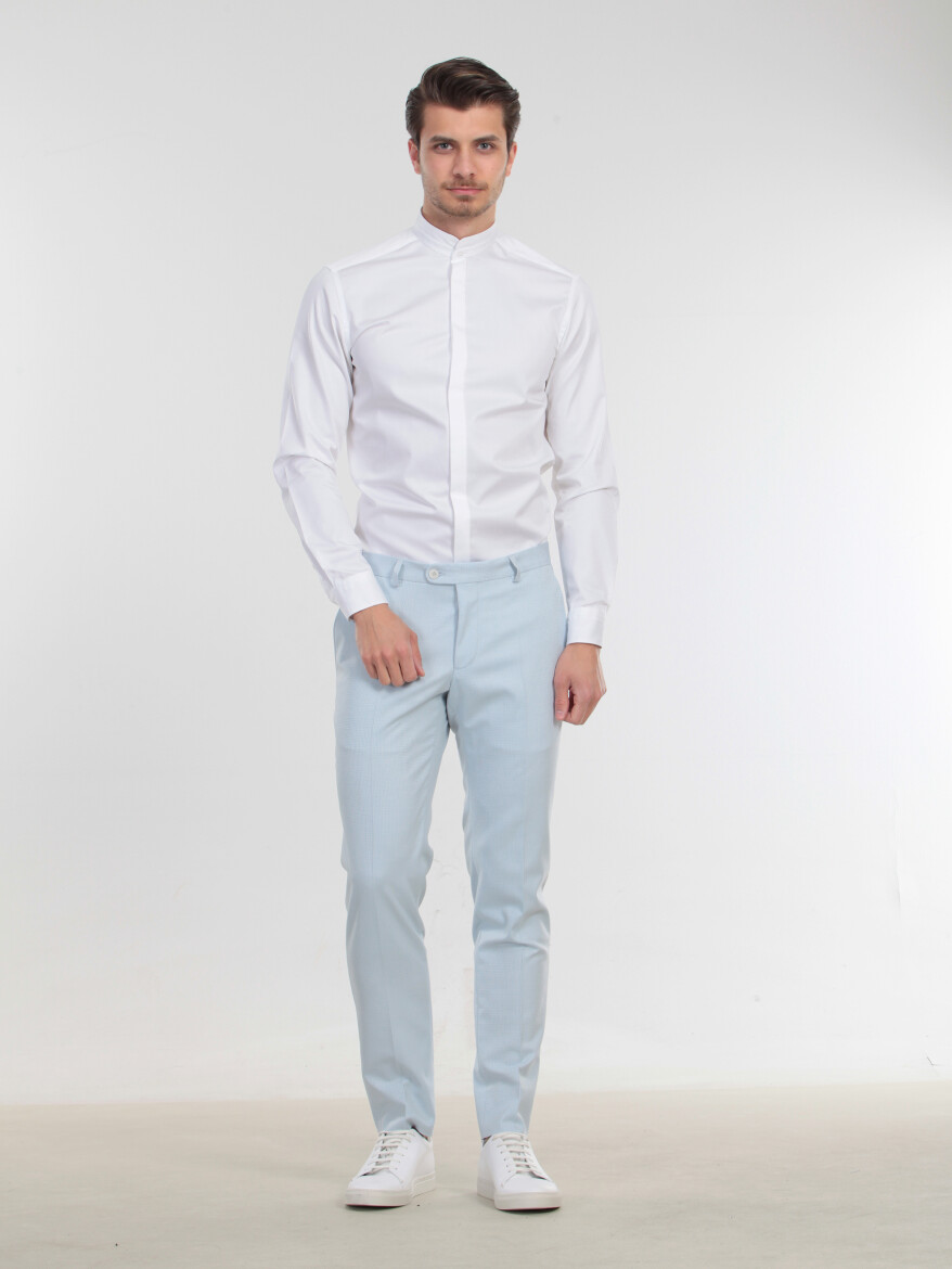 White Plain Slim Fit Flat Cuff Mandarin Collar Tuxedo Shirts - 1