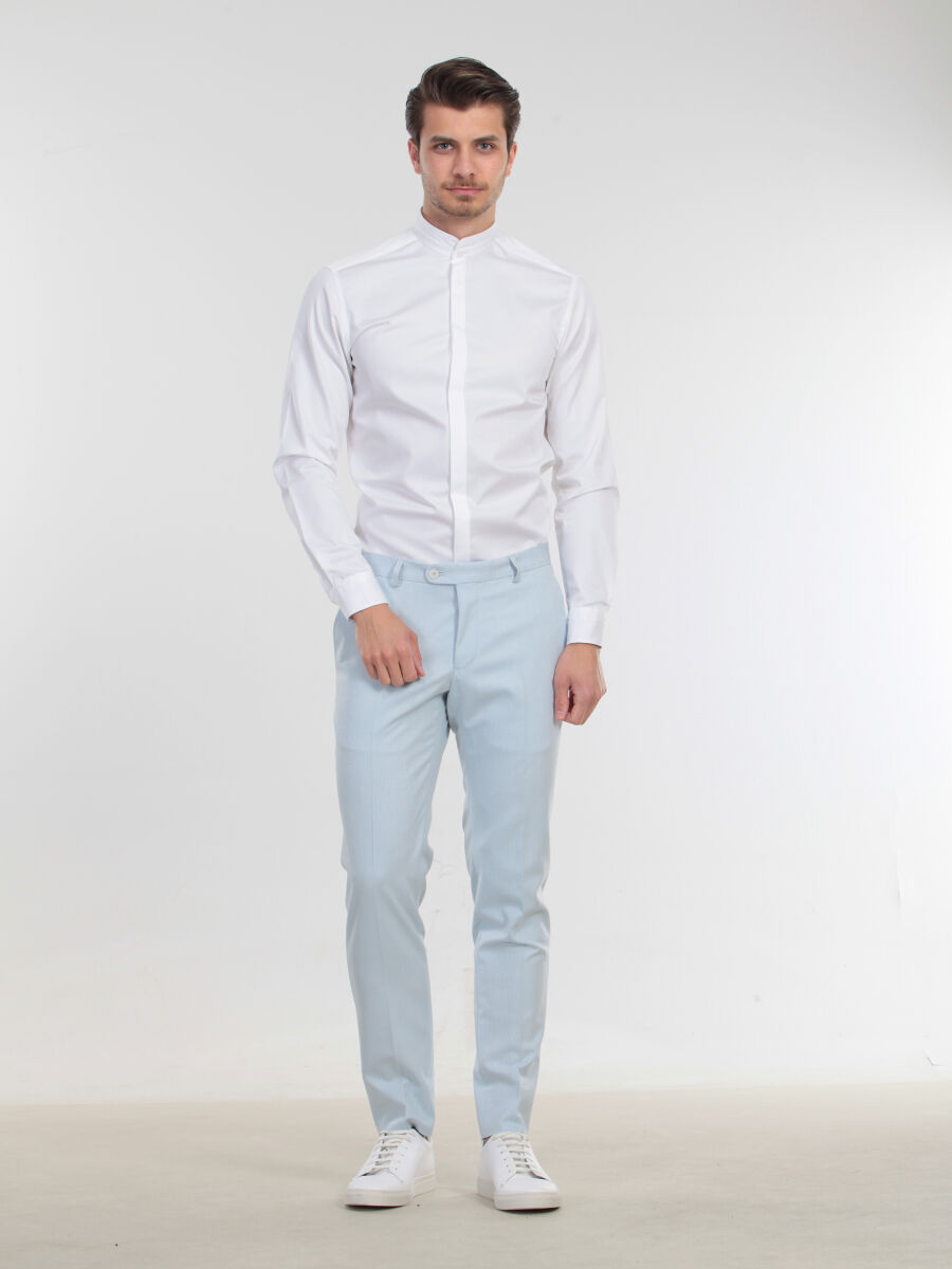 White Plain Slim Fit Flat Cuff Mandarin Collar Tuxedo Shirts - 1