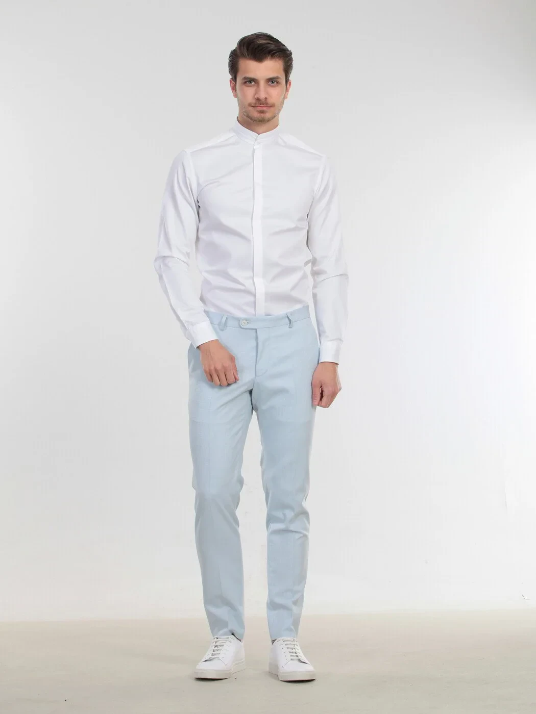 White Plain Slim Fit Flat Cuff Mandarin Collar Tuxedo Shirts - 1