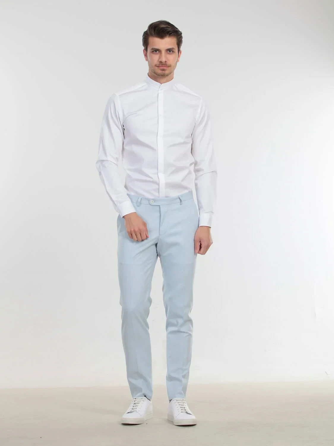 White Plain Slim Fit Flat Cuff Mandarin Collar Tuxedo Shirts - 1