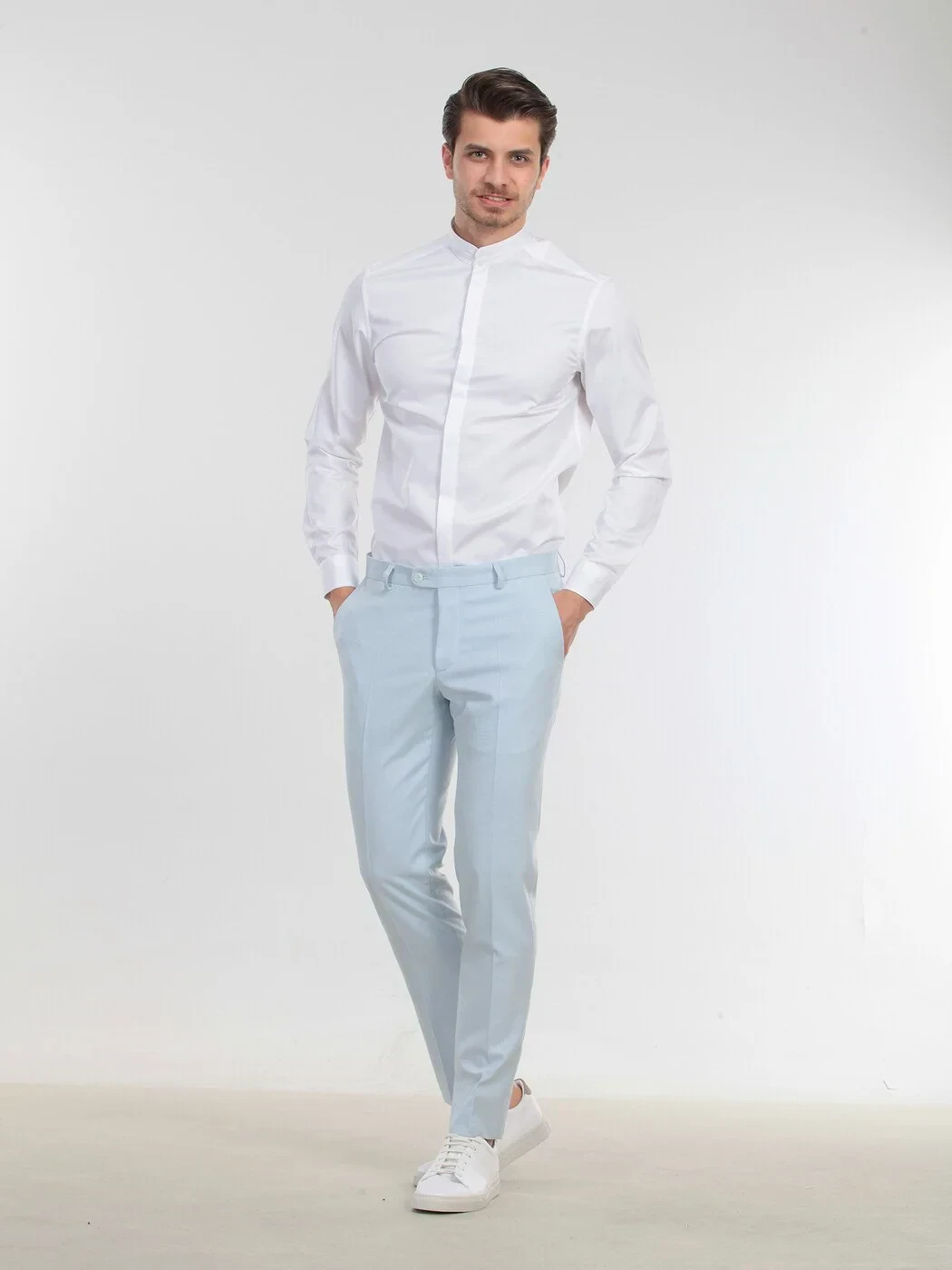 White Plain Slim Fit Flat Cuff Mandarin Collar Tuxedo Shirts - 2