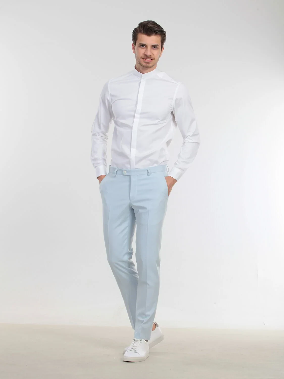 White Plain Slim Fit Flat Cuff Mandarin Collar Tuxedo Shirts - 2