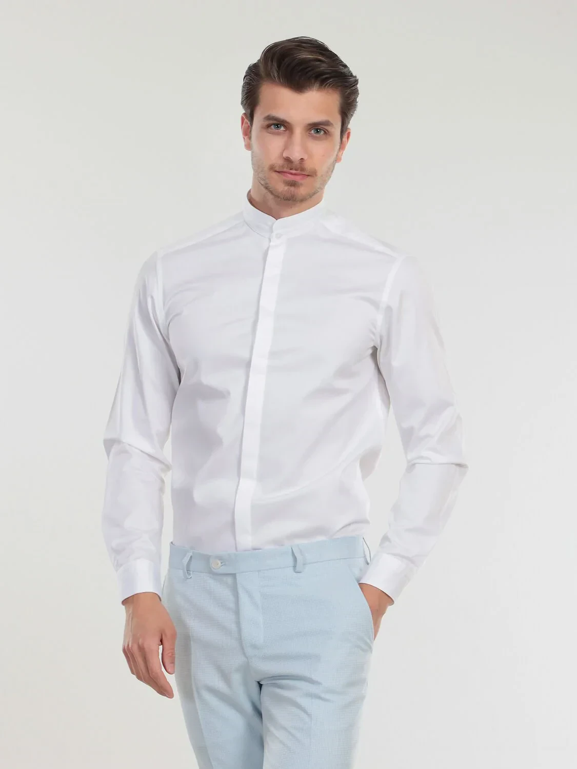 White Plain Slim Fit Flat Cuff Mandarin Collar Tuxedo Shirts - 3