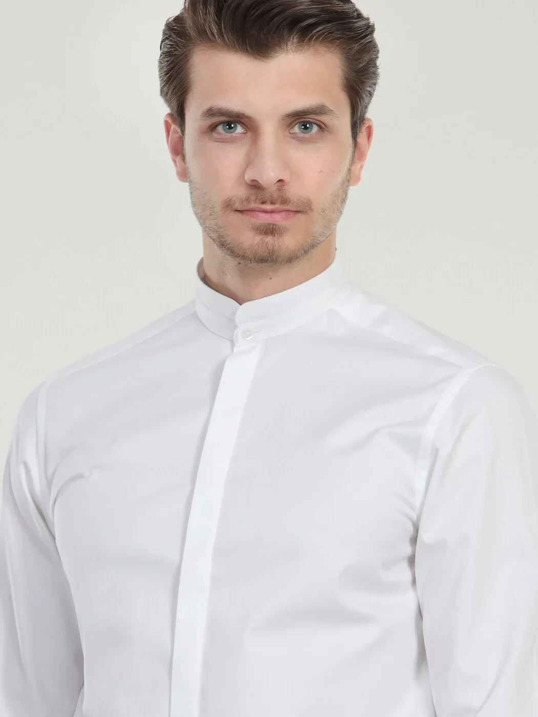 White Plain Slim Fit Flat Cuff Mandarin Collar Tuxedo Shirts - 4