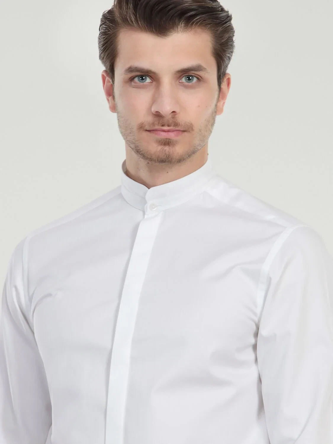 White Plain Slim Fit Flat Cuff Mandarin Collar Tuxedo Shirts - 4