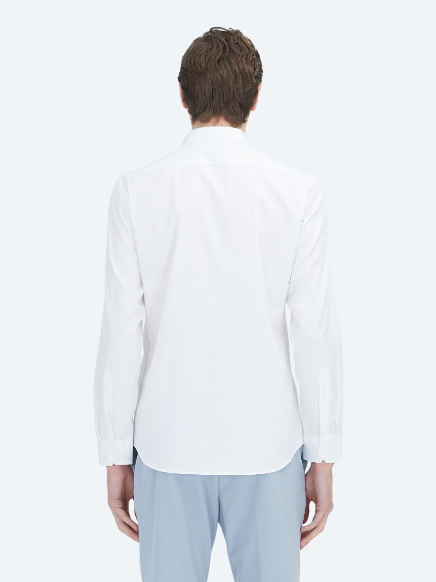 White Plain Slim Fit Long Weaving Classical 100% Cotton Shirt - 5