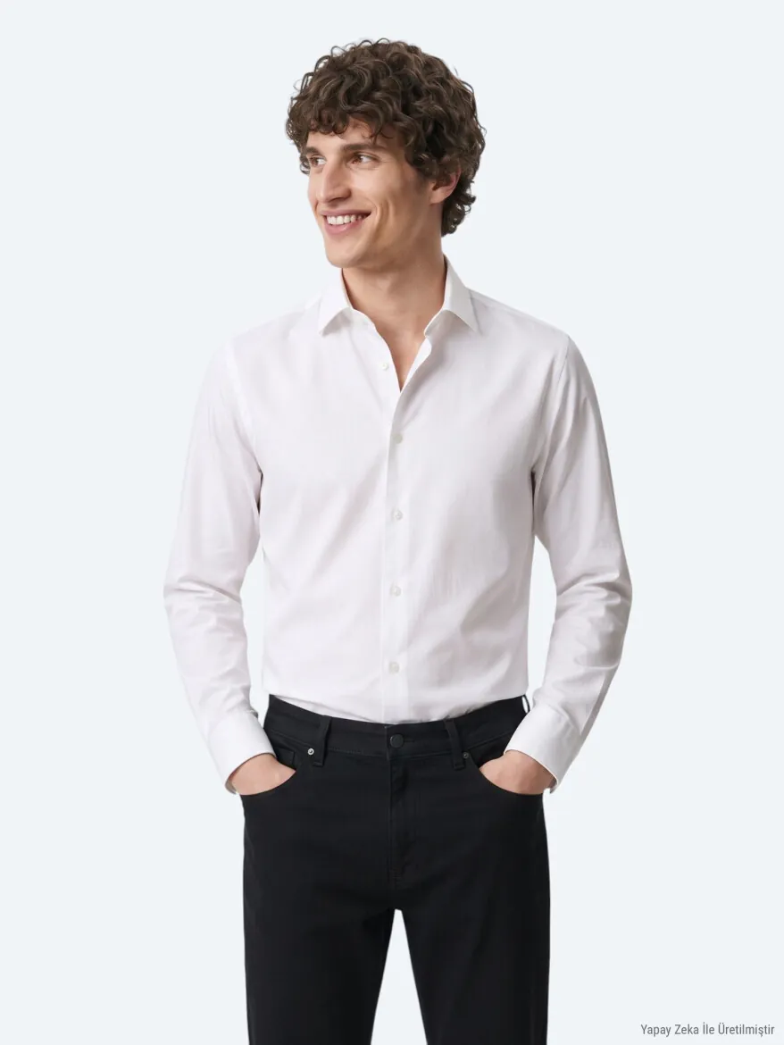 White Plain Slim Fit Long Weaving Classical 100% Cotton Shirt - 4