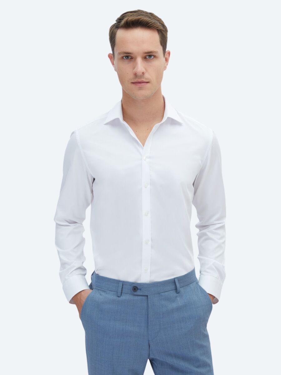White Plain Slim Fit Long Weaving Classical 100% Cotton Shirt - 1