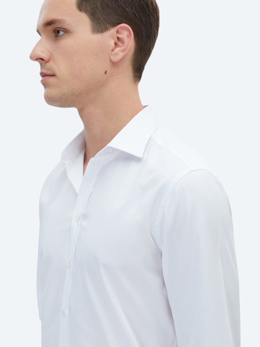 White Plain Slim Fit Long Weaving Classical 100% Cotton Shirt - 3