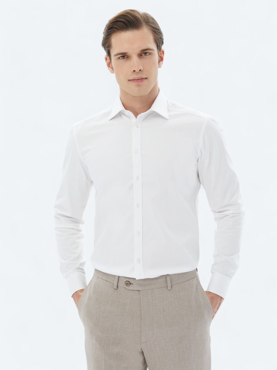 White Plain Slim Fit Long Weaving Classical 100% Cotton Shirt - 1