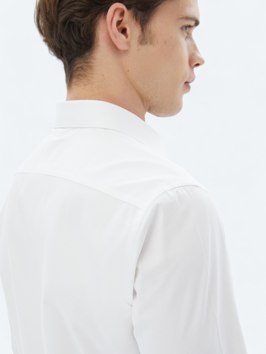 White Plain Slim Fit Long Weaving Classical 100% Cotton Shirt - 4