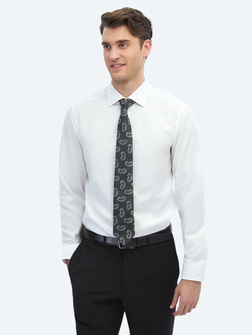 White Plain Slim Fit Long Weaving Classical 100% Cotton Shirt - 1