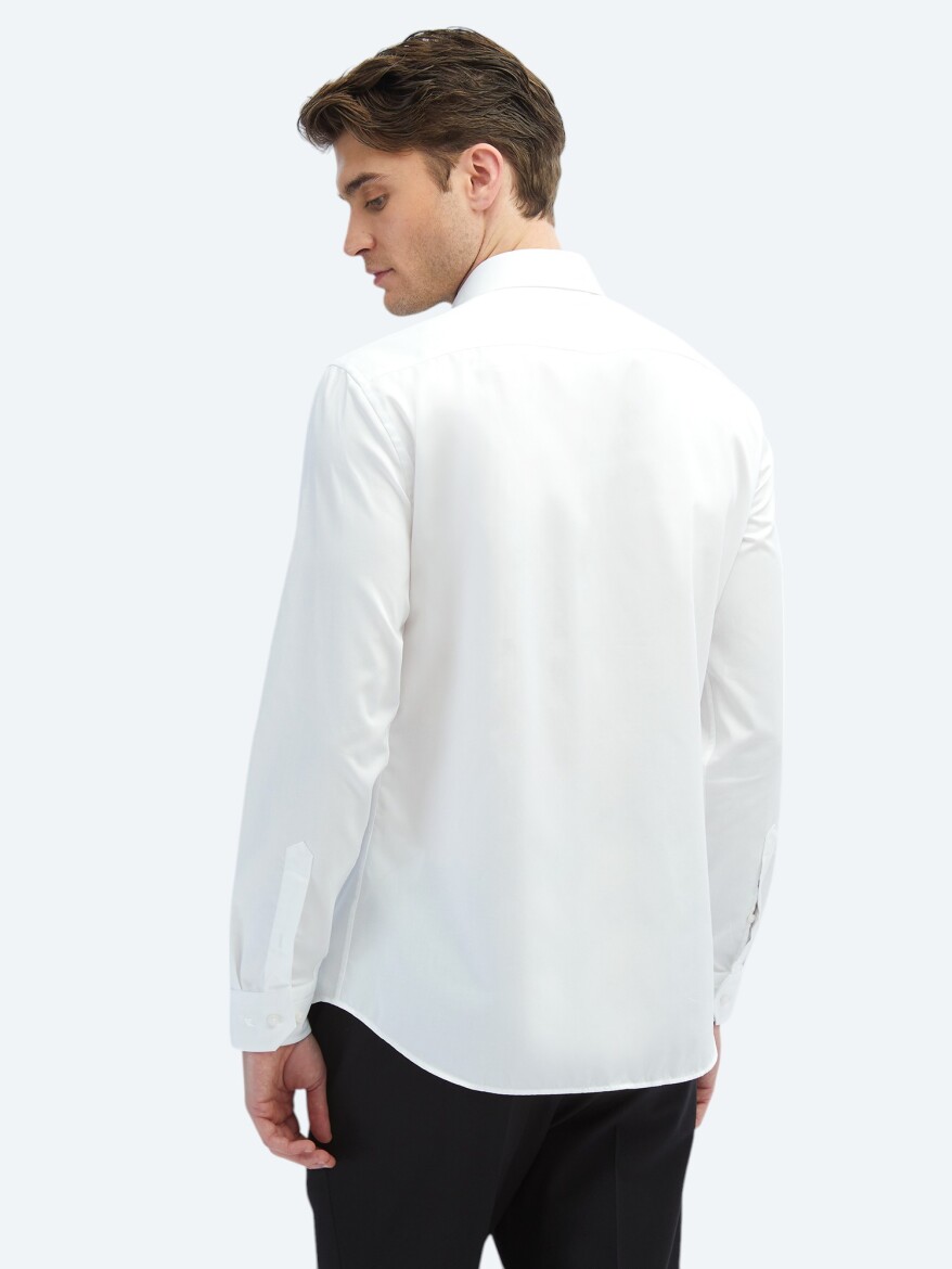 White Plain Slim Fit Long Weaving Classical 100% Cotton Shirt - 5