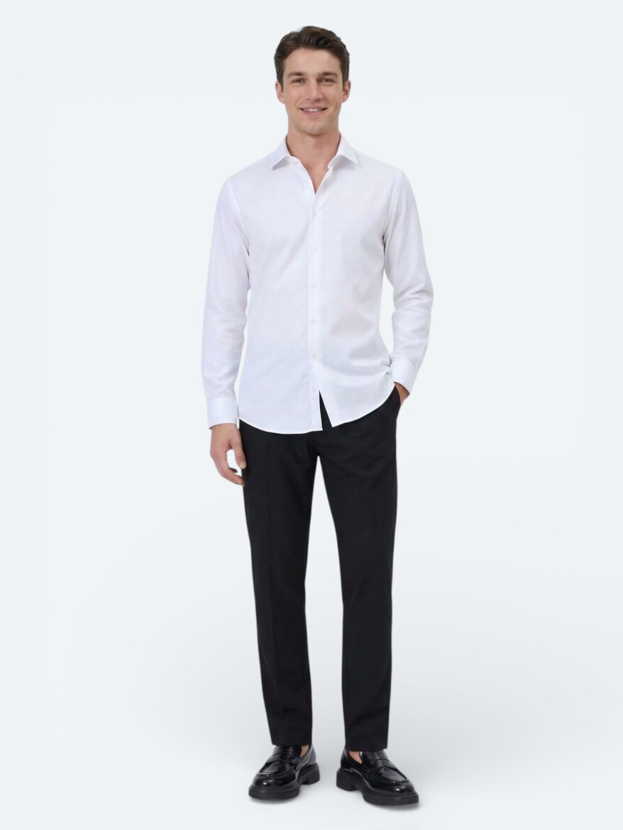 White Plain Slim Fit Long Weaving Classical Cotton Blended Shirt - 2