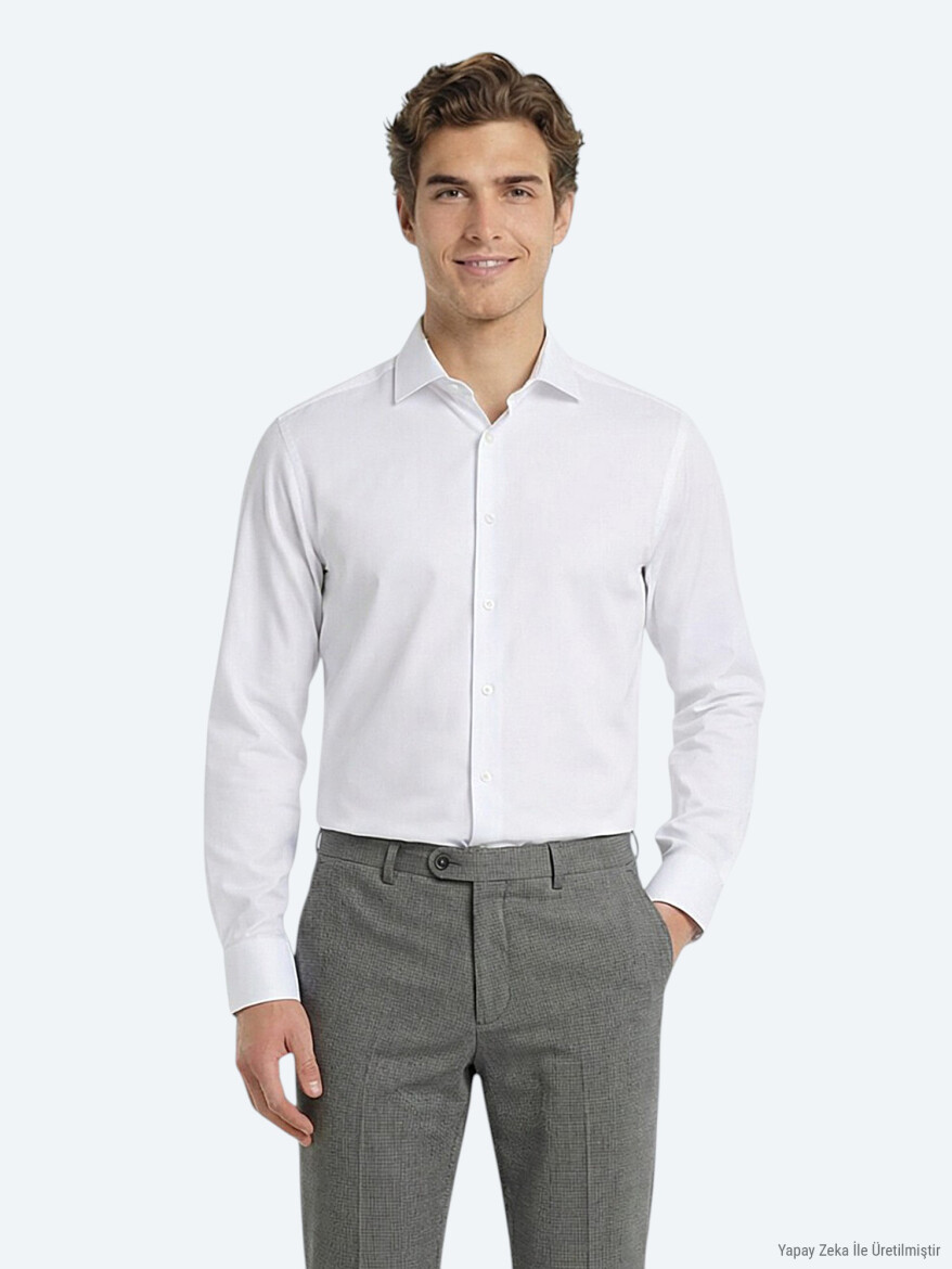 White Plain Slim Fit Long Weaving Classical Cotton Blended Shirt - KİP