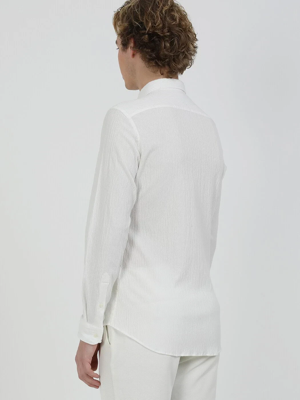 White Plain Slim Fit Weaving Casual Cotton Blended Shirt - 5