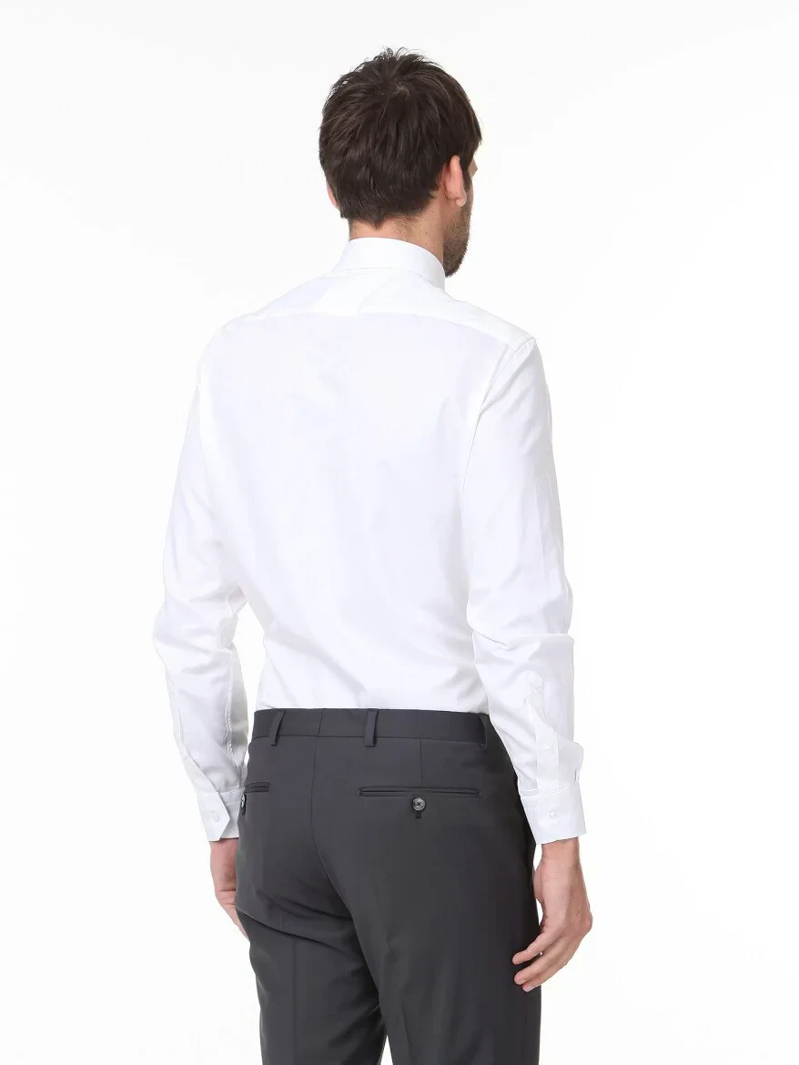 White Plain Slim Fit Weaving Classical 100% Cotton Shirt - 4