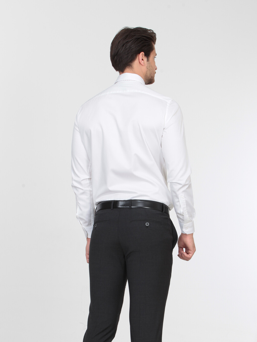 White Plain Slim Fit Weaving Classical 100% Cotton Shirt - 4