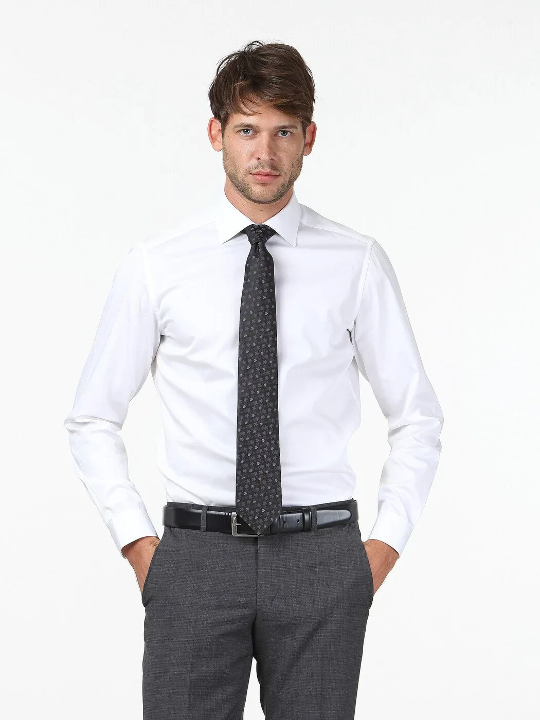 White Plain Slim Fit Weaving Classical 100% Cotton Shirt - 1