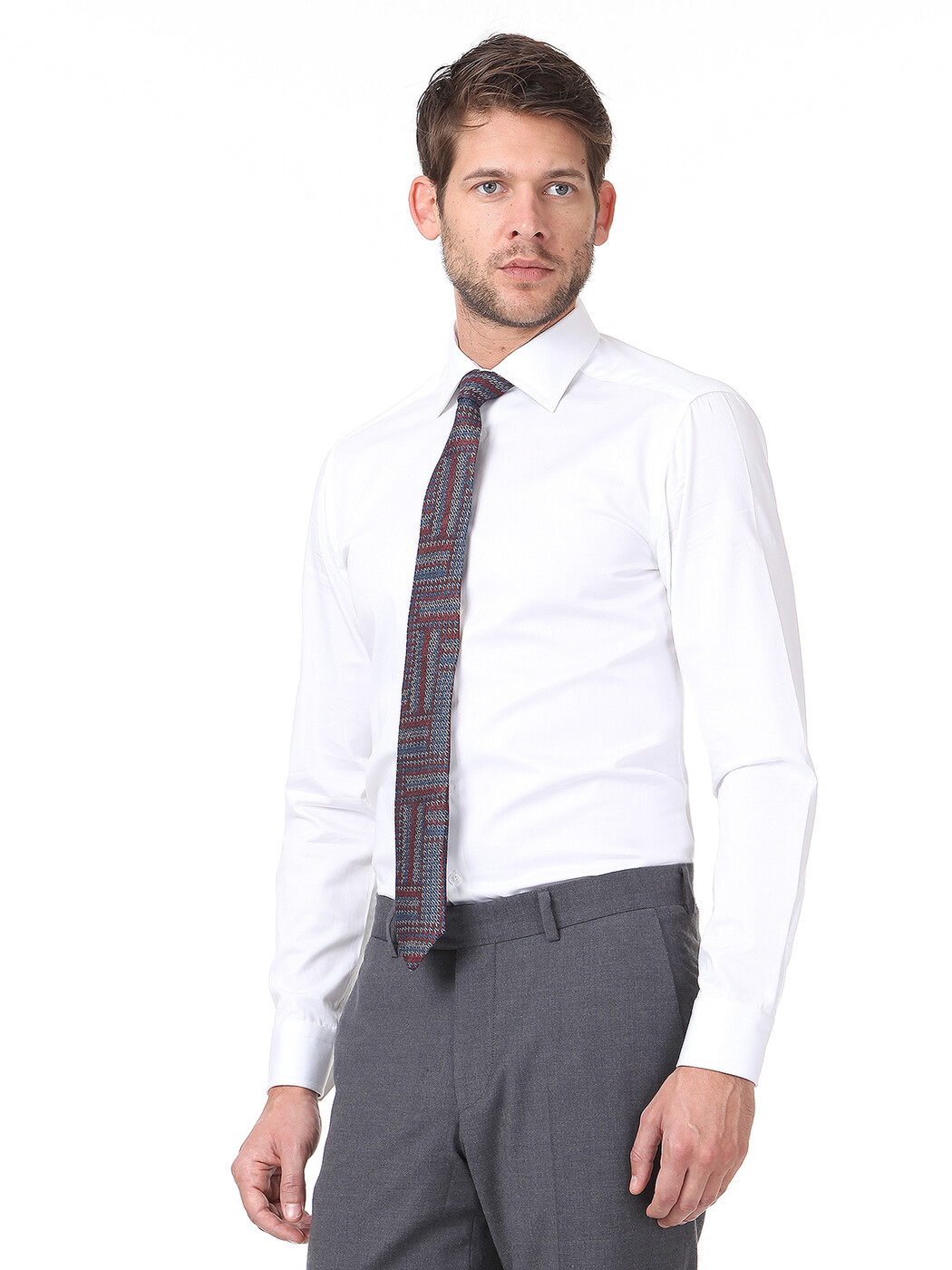 White Plain Slim Fit Weaving Classical 100% Cotton Shirt - 2