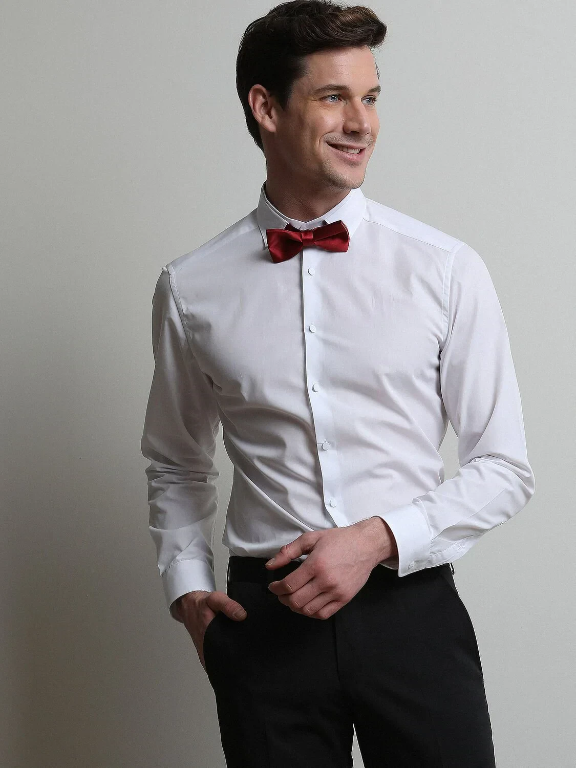 White Plain Slim Fit Weaving Classical 100% Cotton Shirt - 1