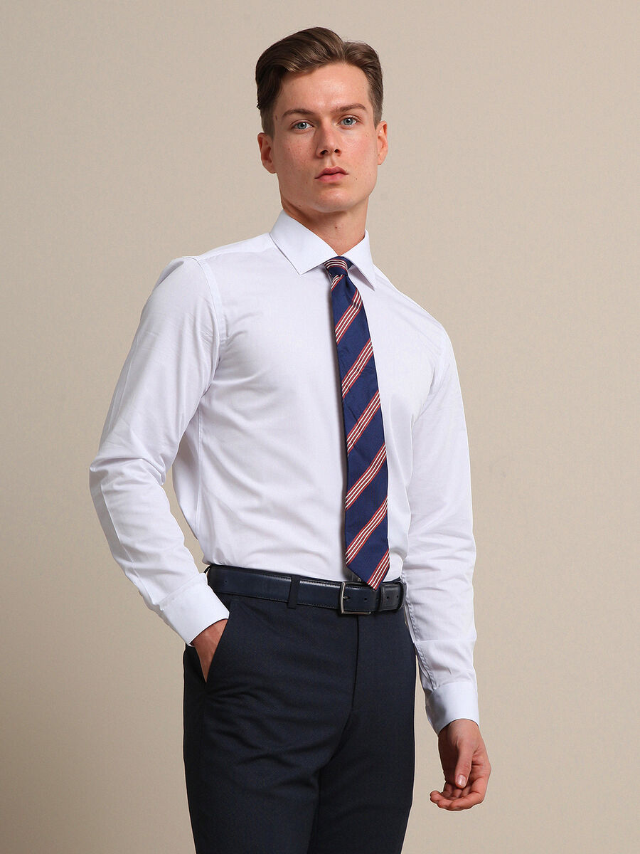 White Plain Slim Fit Weaving Classical 100% Cotton Shirt - 1