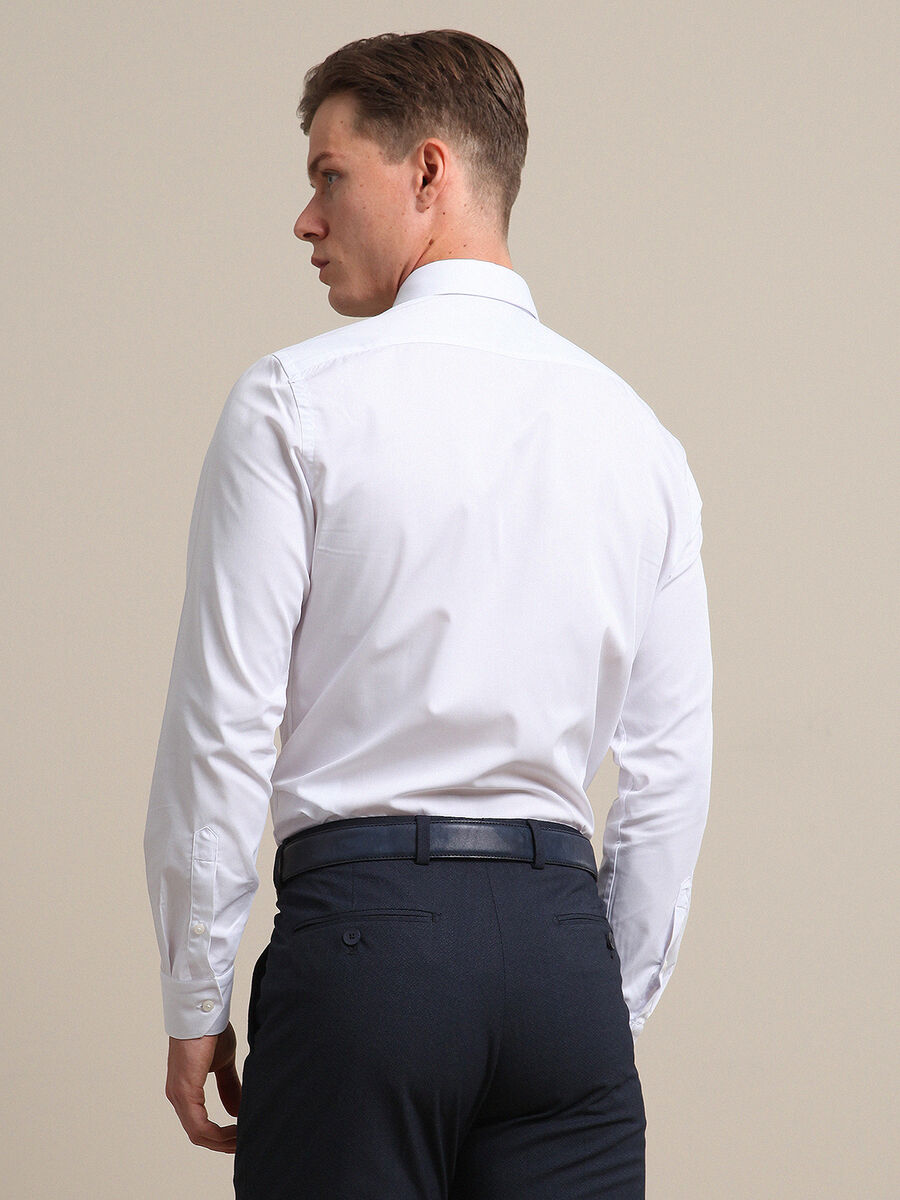 White Plain Slim Fit Weaving Classical 100% Cotton Shirt - 4