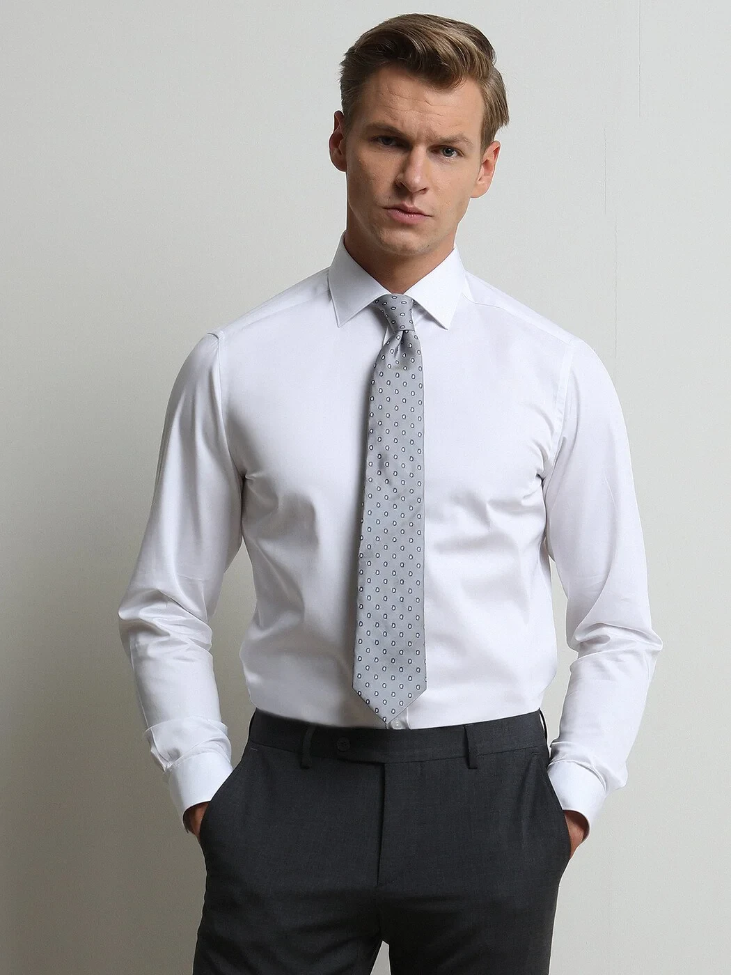 White Plain Slim Fit Weaving Classical 100% Cotton Shirt - 3