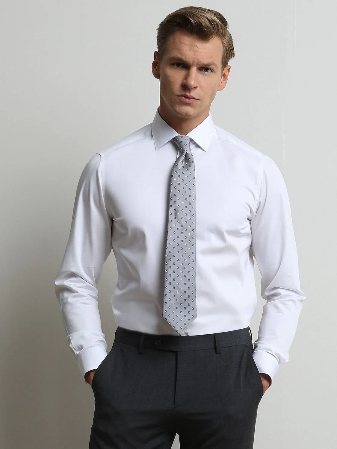 White Plain Slim Fit Weaving Classical 100% Cotton Shirt - 3