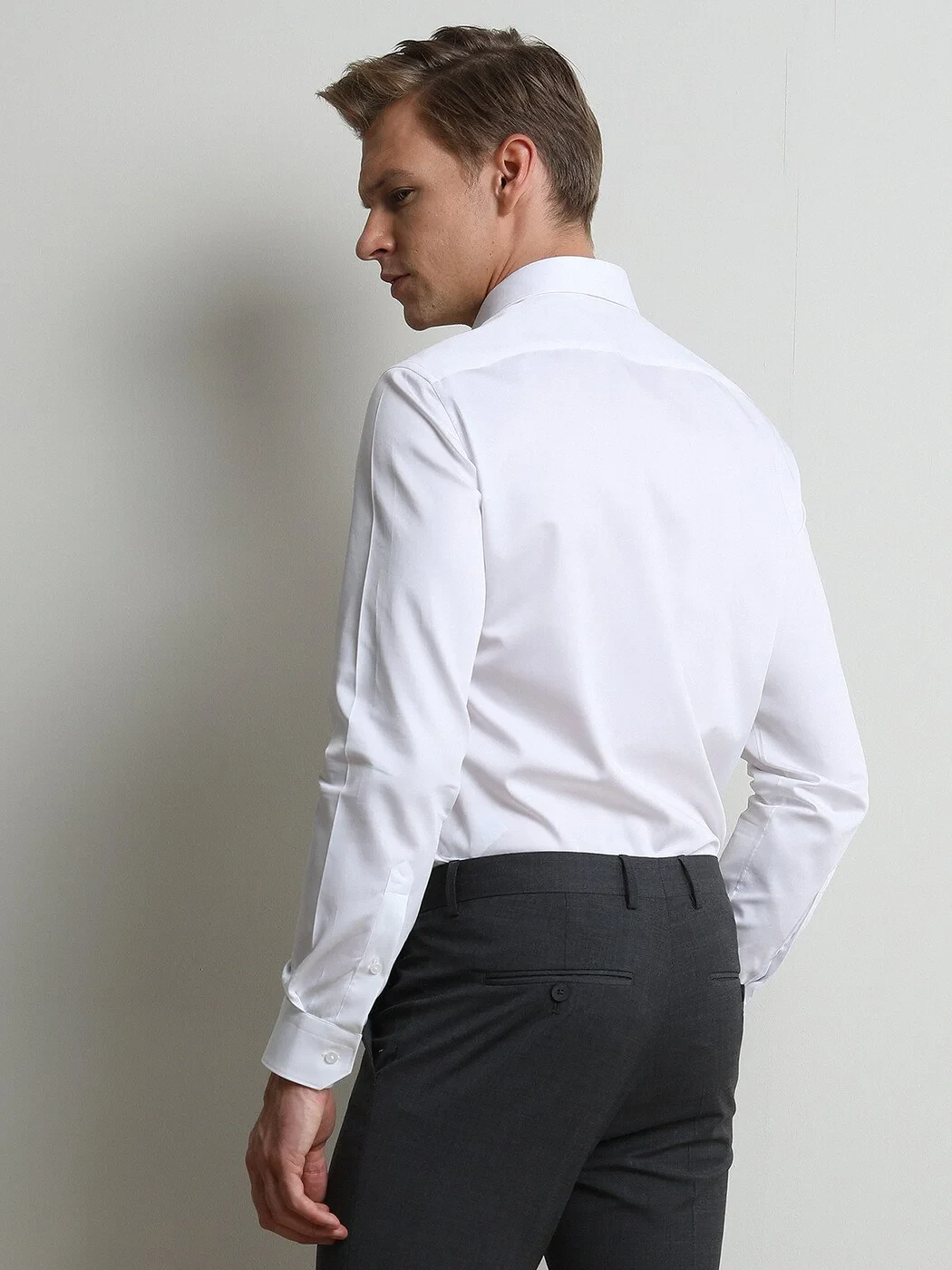 White Plain Slim Fit Weaving Classical 100% Cotton Shirt - 4