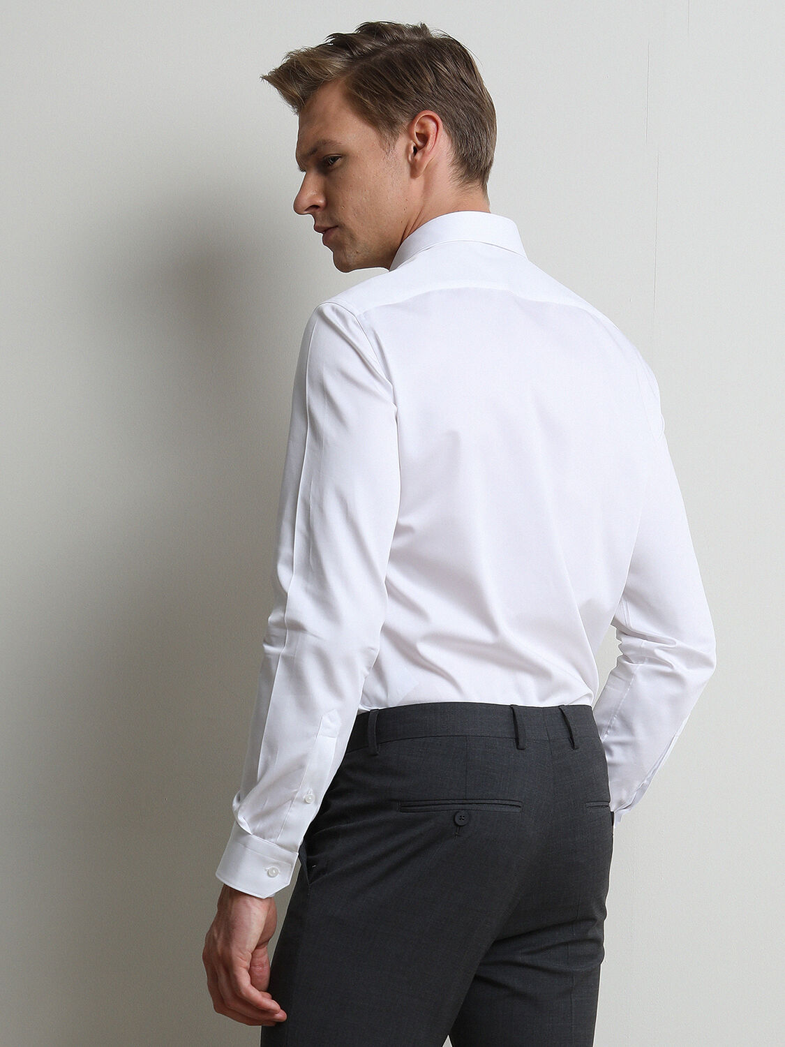 White Plain Slim Fit Weaving Classical 100% Cotton Shirt - 4