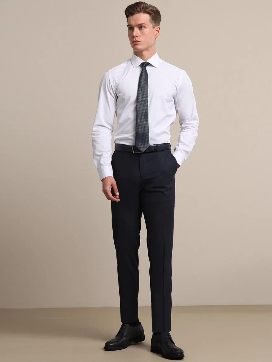White Plain Slim Fit Weaving Classical 100% Cotton Shirt - 2