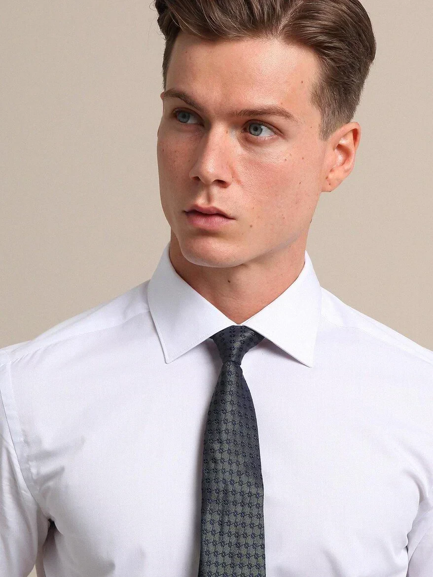 White Plain Slim Fit Weaving Classical 100% Cotton Shirt - 3