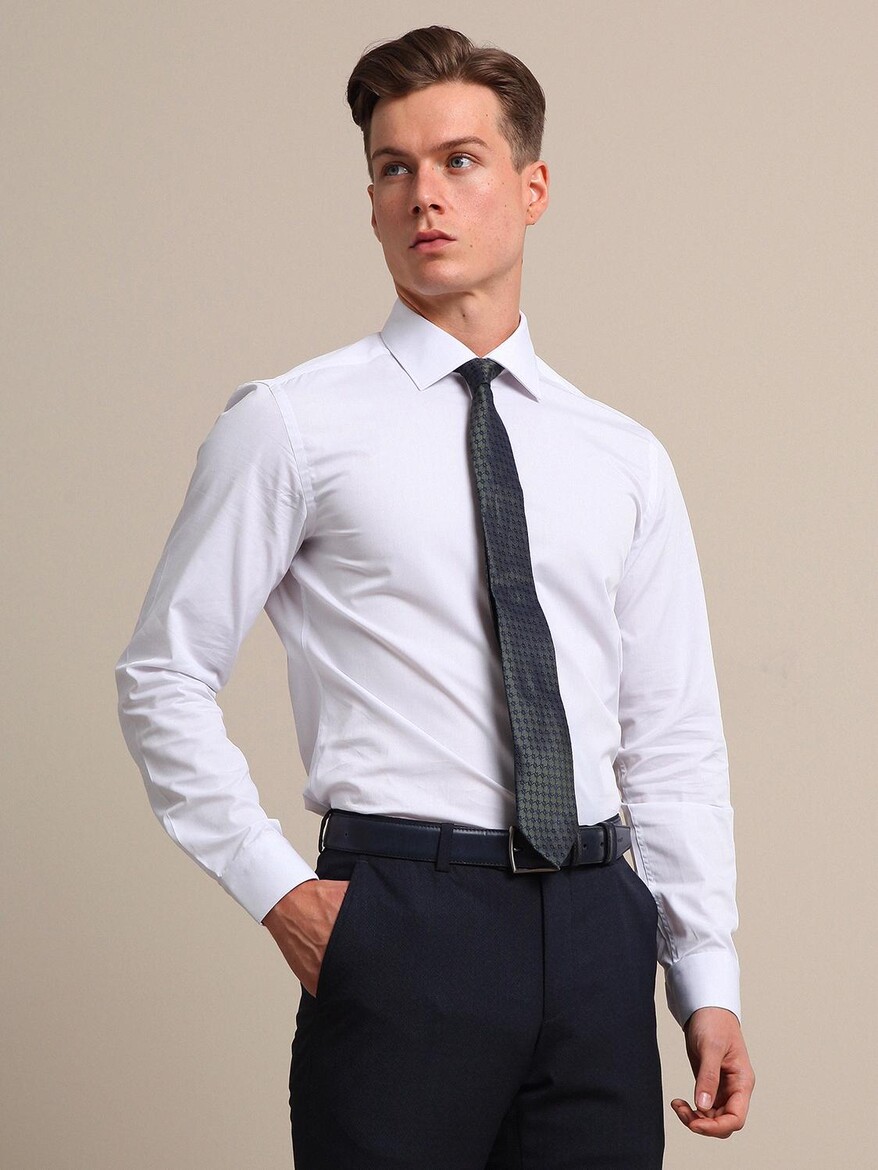 White Plain Slim Fit Weaving Classical 100% Cotton Shirt - 1