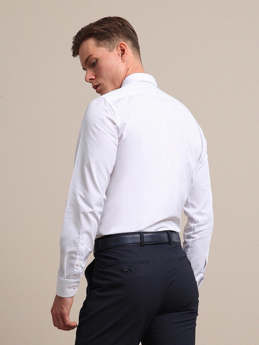 White Plain Slim Fit Weaving Classical 100% Cotton Shirt - 4
