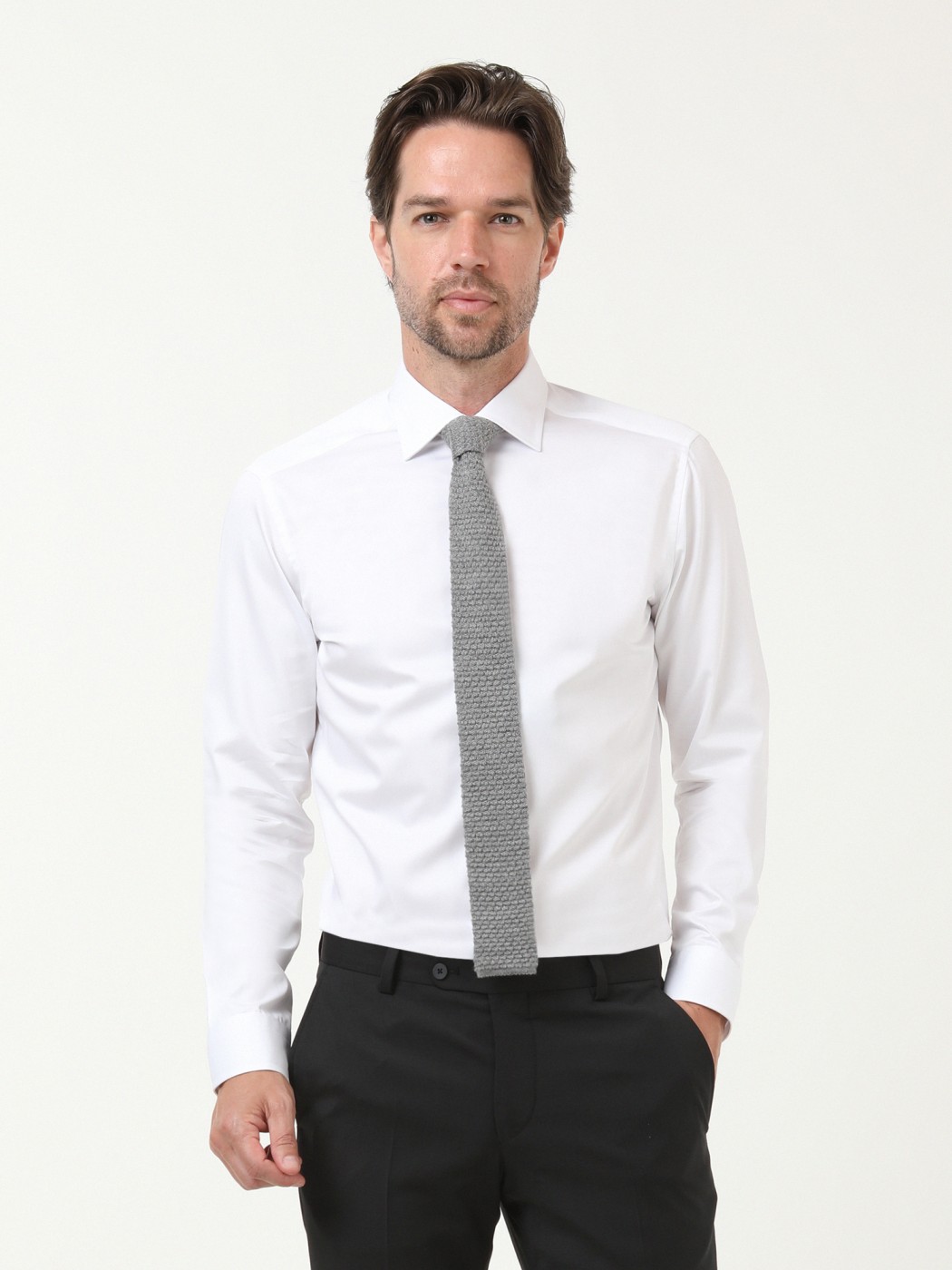 White Plain Slim Fit Weaving Classical 100% Cotton Shirt - 2