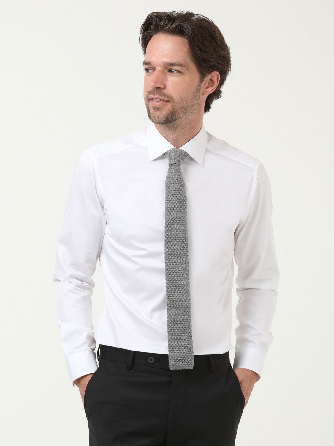 White Plain Slim Fit Weaving Classical 100% Cotton Shirt - 3