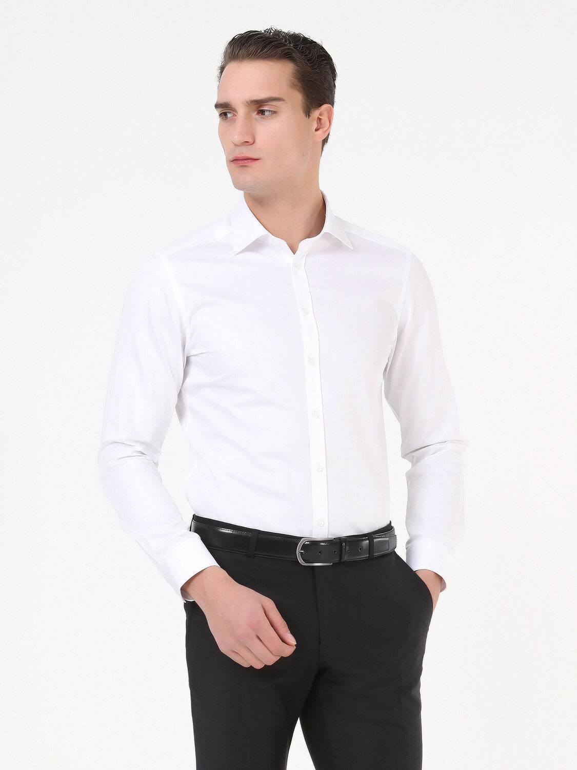 White Plain Slim Fit Weaving Classical 100% Cotton Shirt - 4