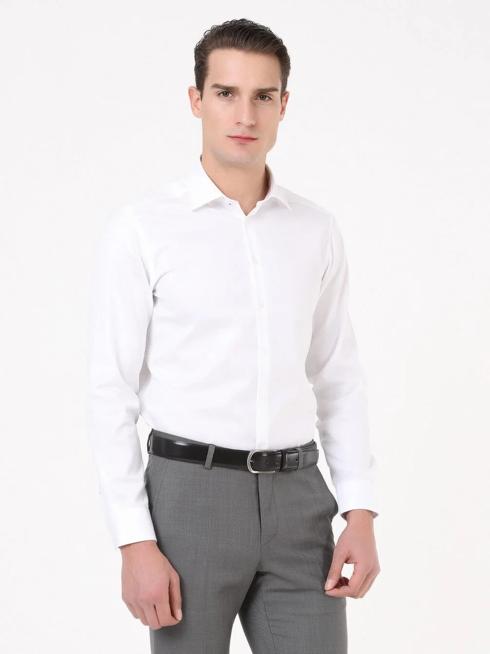 White Plain Slim Fit Weaving Classical 100% Cotton Shirt - 1